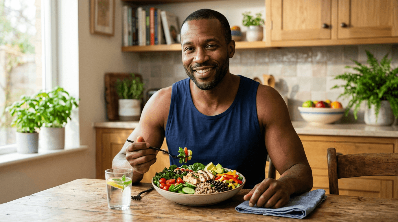 Fit adult in a plain navy tank top enjoying a colorful, balanced meal at home, representing healthy eating.